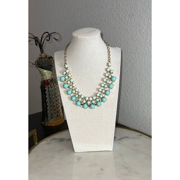 Beaded Necklace vtg blue teal gold tone choker bib EUC 8” - Picture 1 of 5